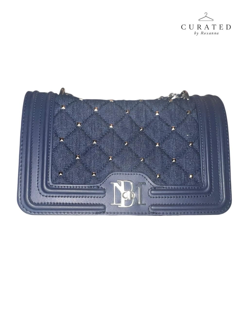NWT Badgley Mischka Quilted Denim Studded Shoulder Bag Gunmetal Pearl Chain